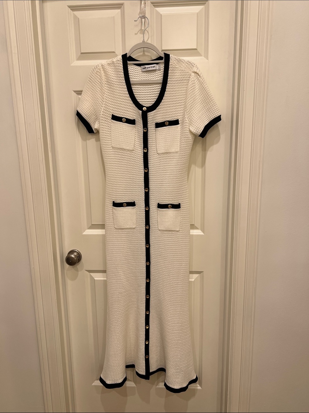 Self-Portrait Cream Knit Maxi Dress with Black Trim